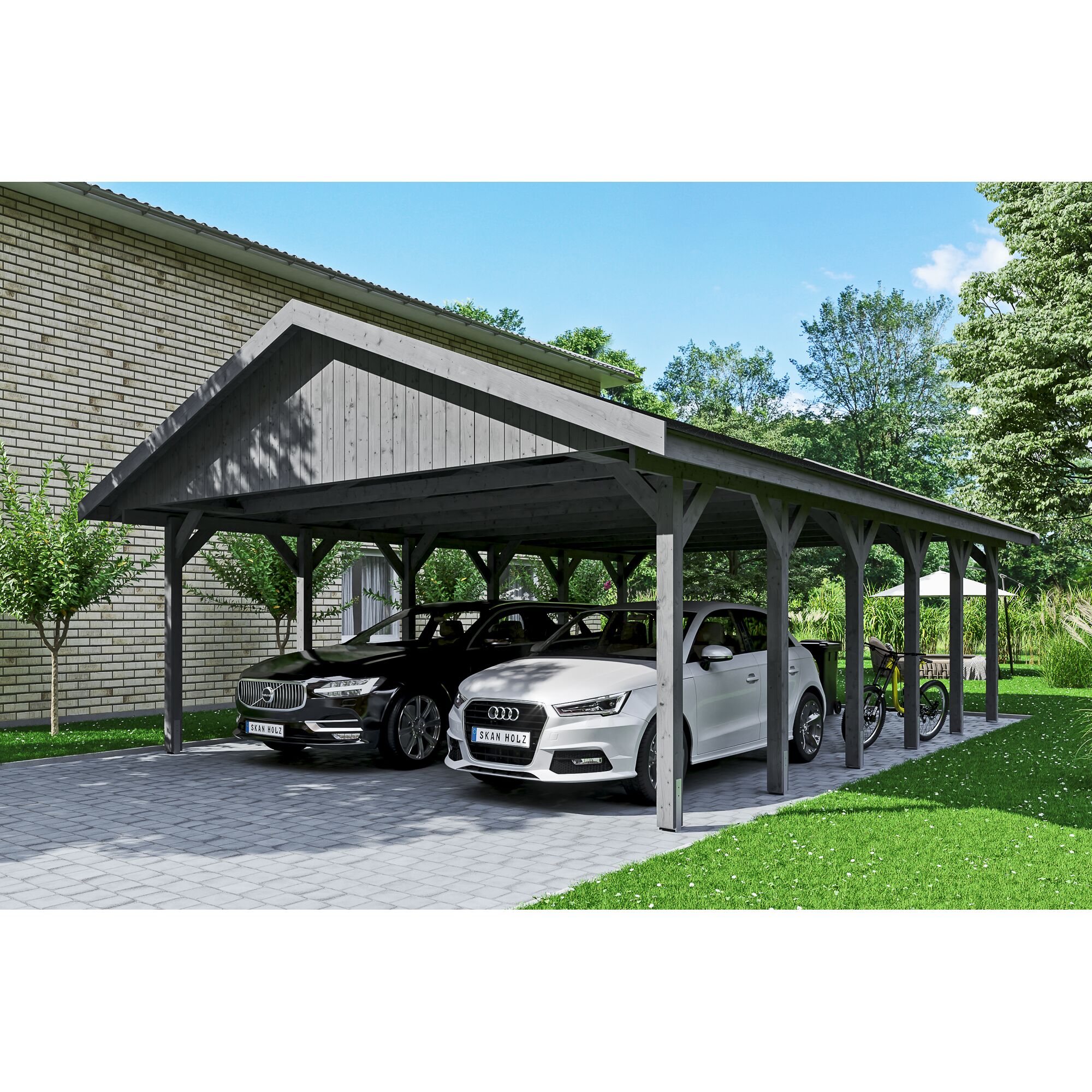 Doppelcarport Wallgau mit zwei Autos und einem Fahrrad