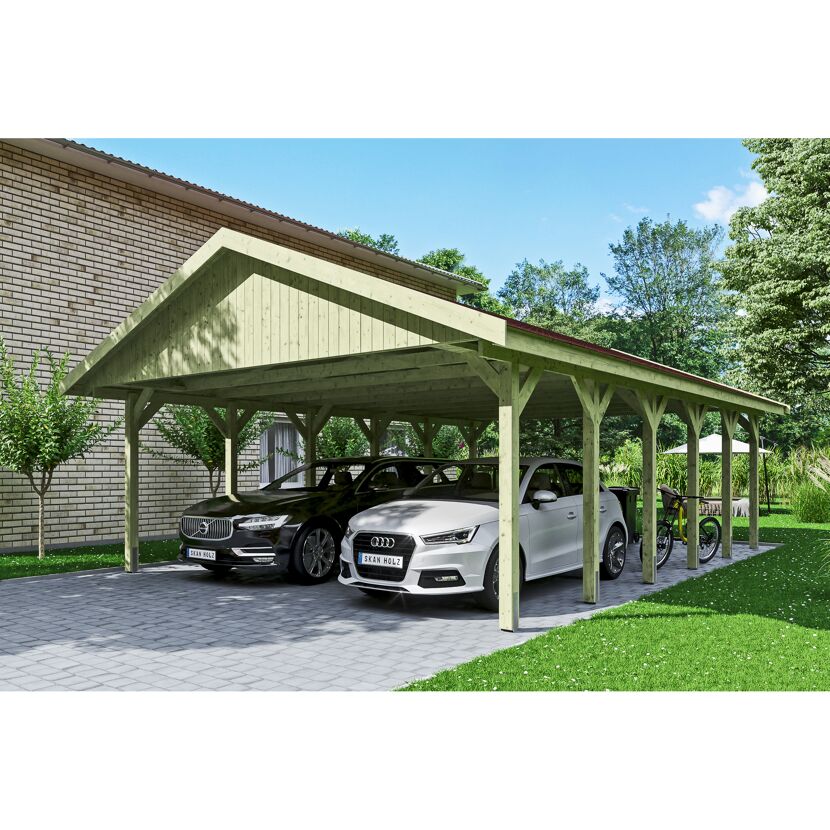 Doppelcarport aus Holz mit zwei Autos