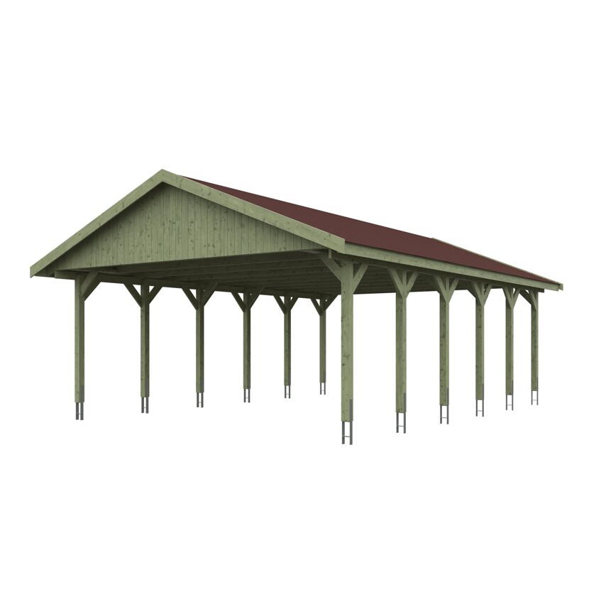 Grüner Carport mit rotem Dach