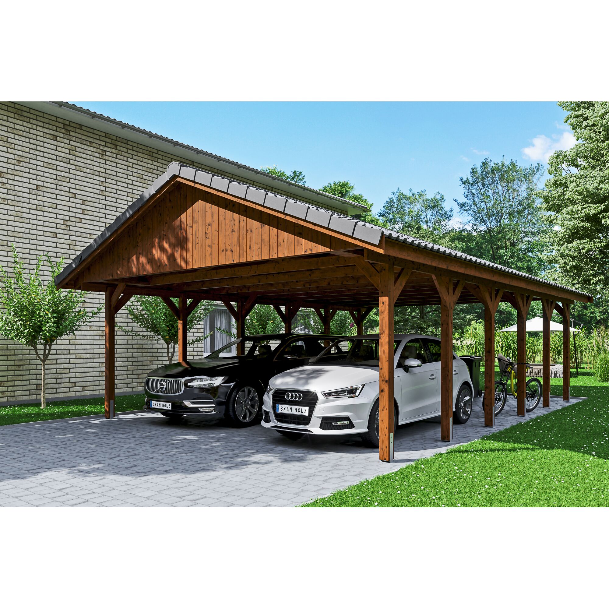 Doppelter Carport aus Holz mit zwei Autos und einem Fahrrad