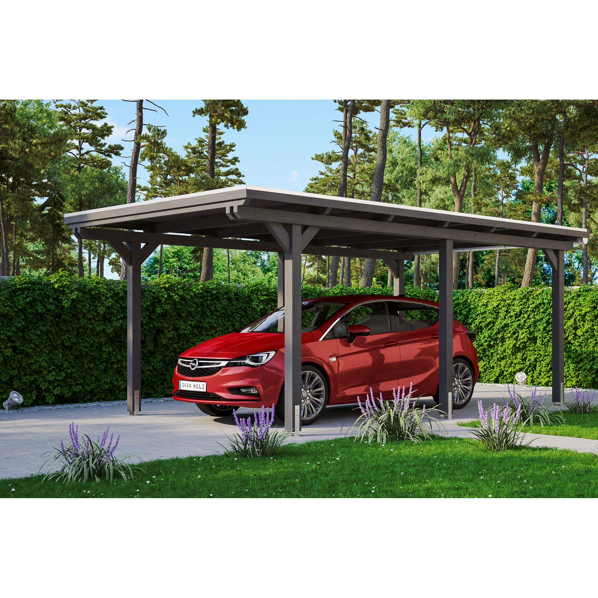 Auto unter einem grauen Carport