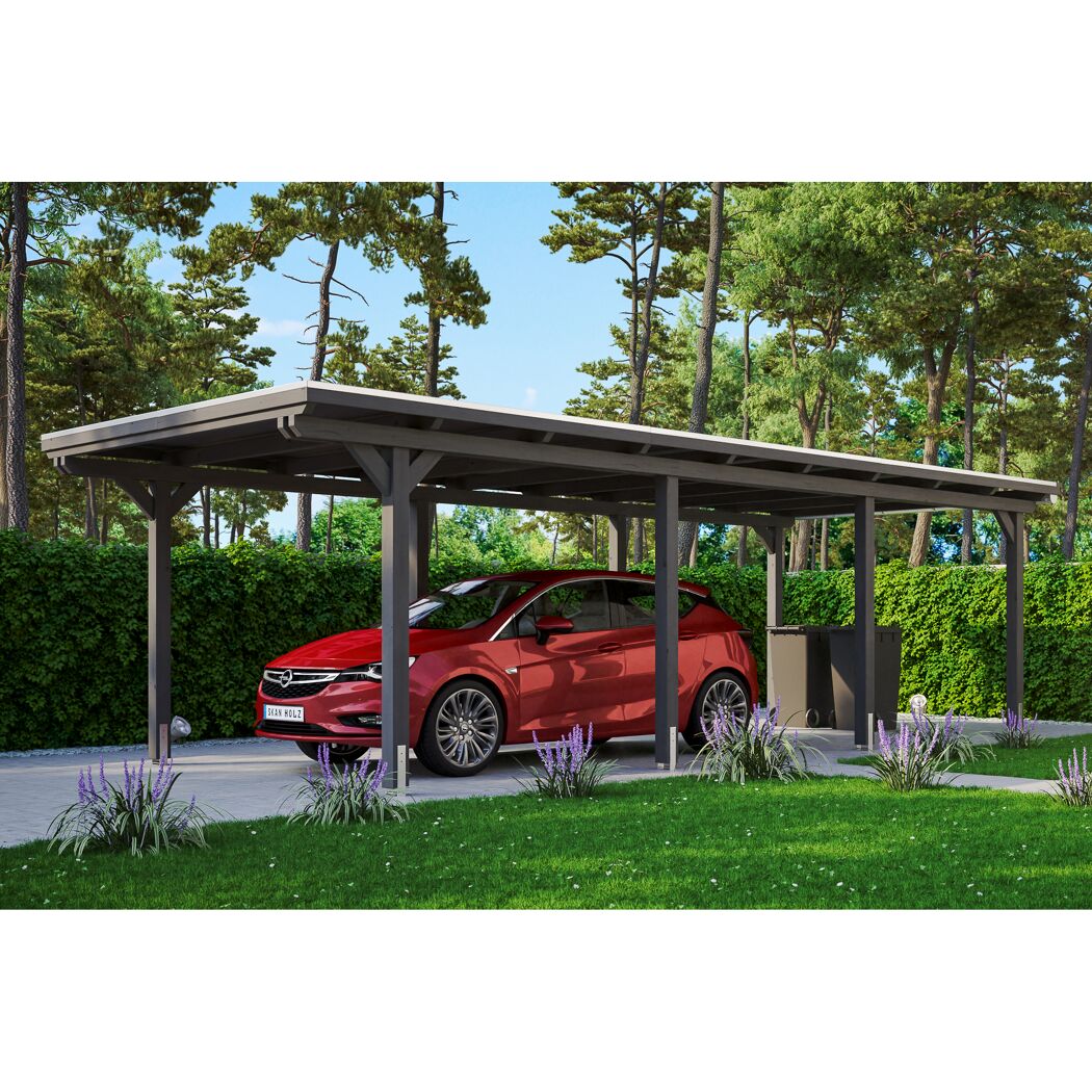 Auto unter einem grauen Carport