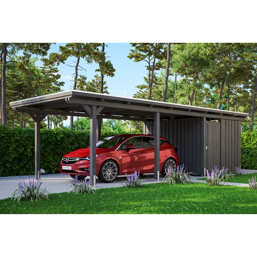 Auto unter einem grauen Carport mit Geräteschuppen
