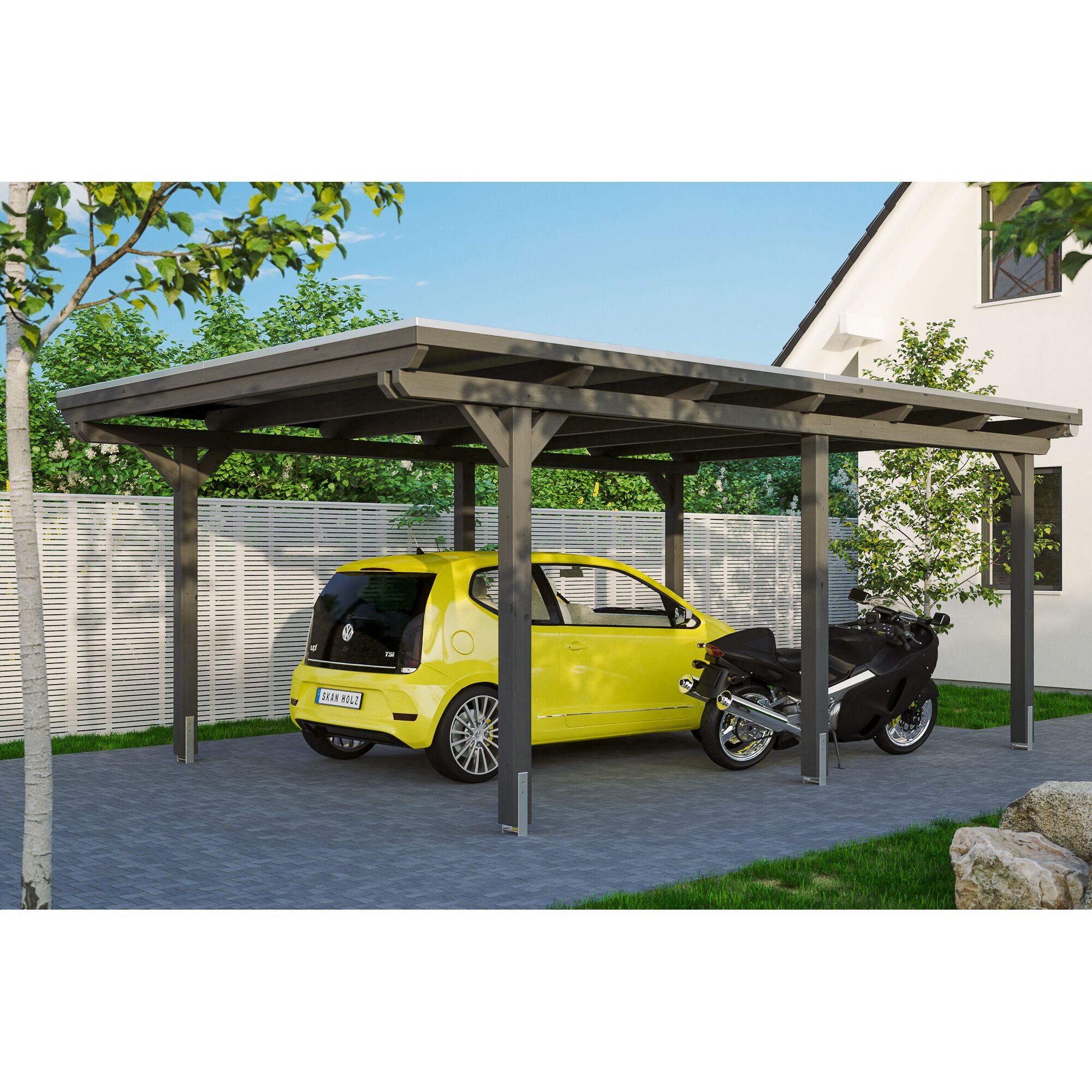 Auto und Motorrad unter einem Carport