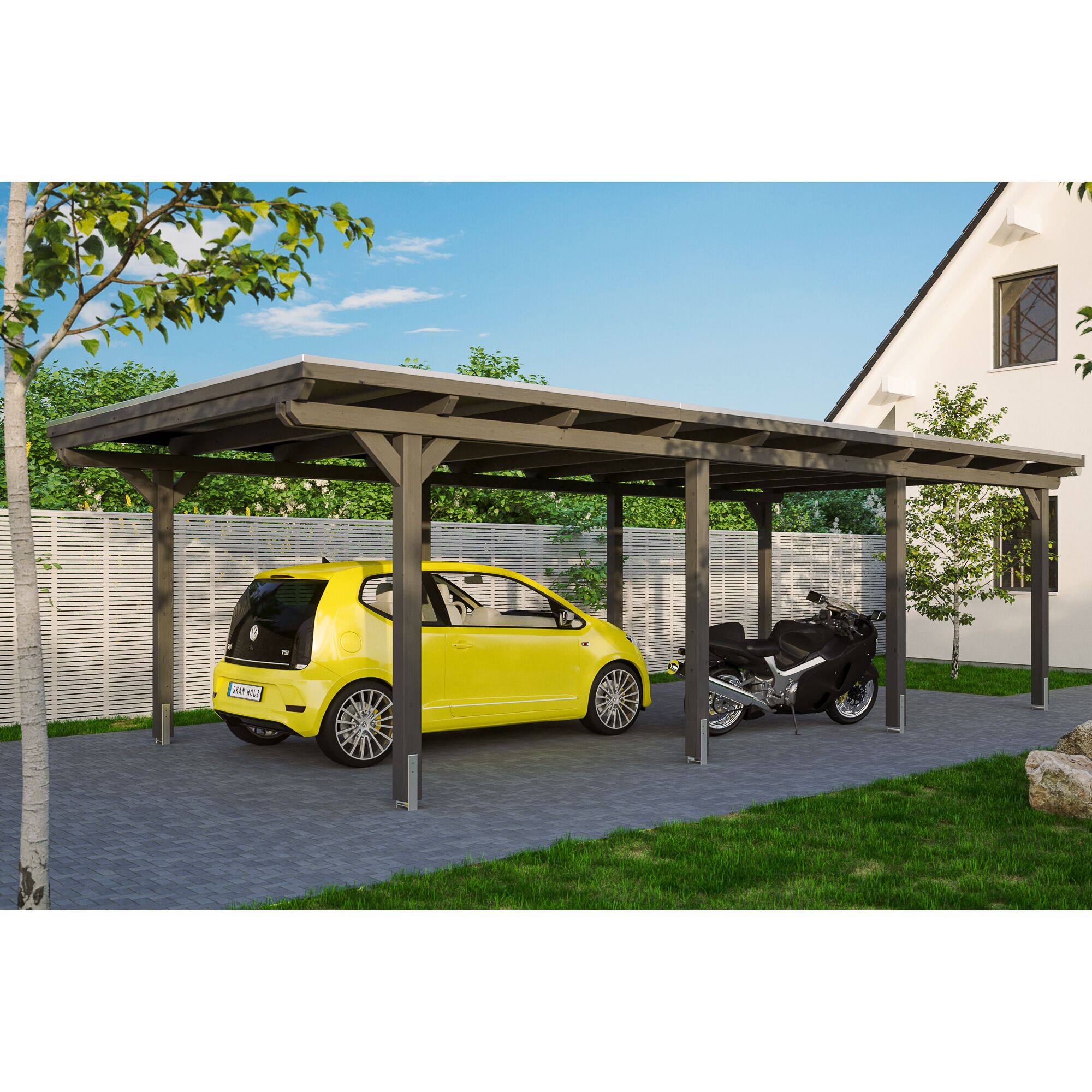 Auto und Motorrad unter einem Carport