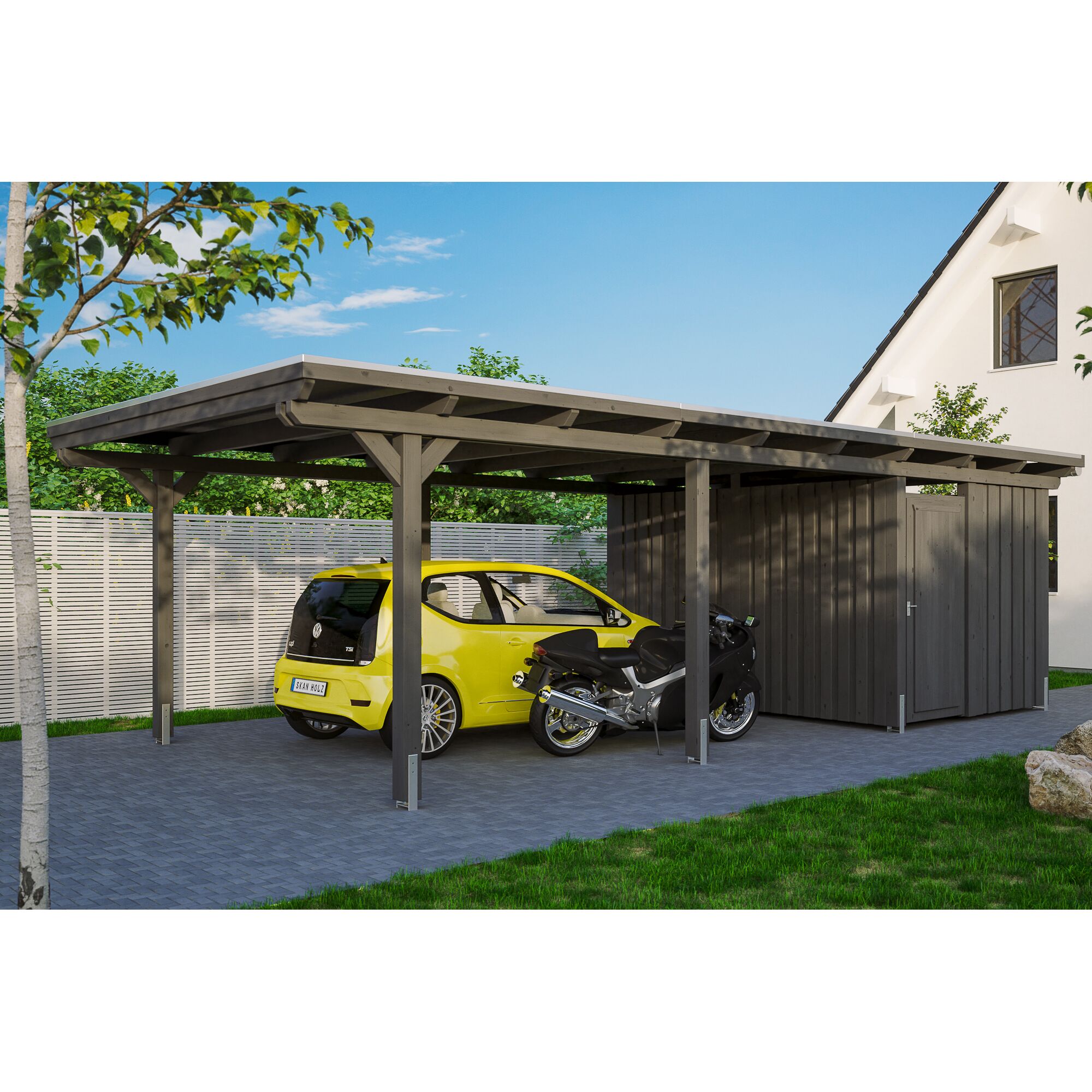 Auto und Motorrad unter einem Carport