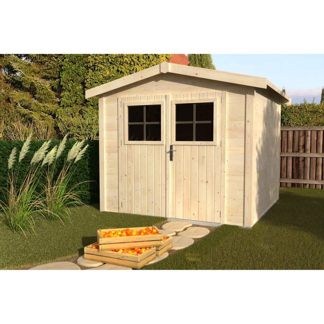 Gartenhaus aus Holz mit zwei Kisten voller Orangen davor.