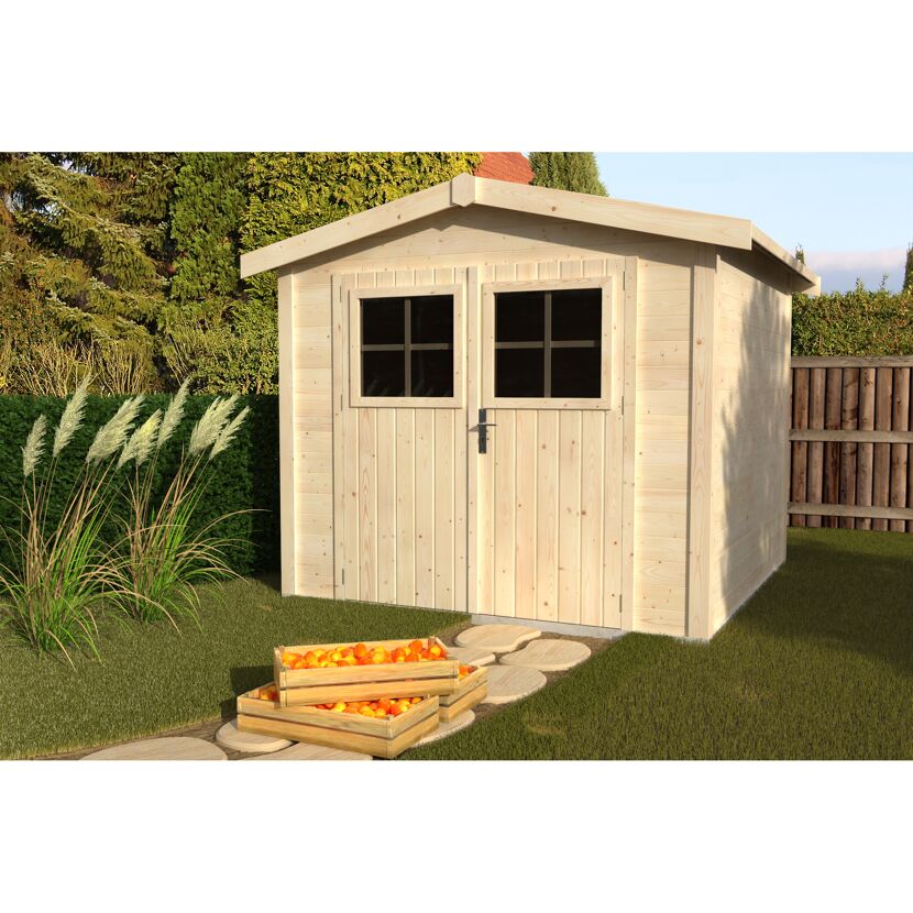 Gartenhaus aus Holz mit zwei Kisten voller Orangen davor.