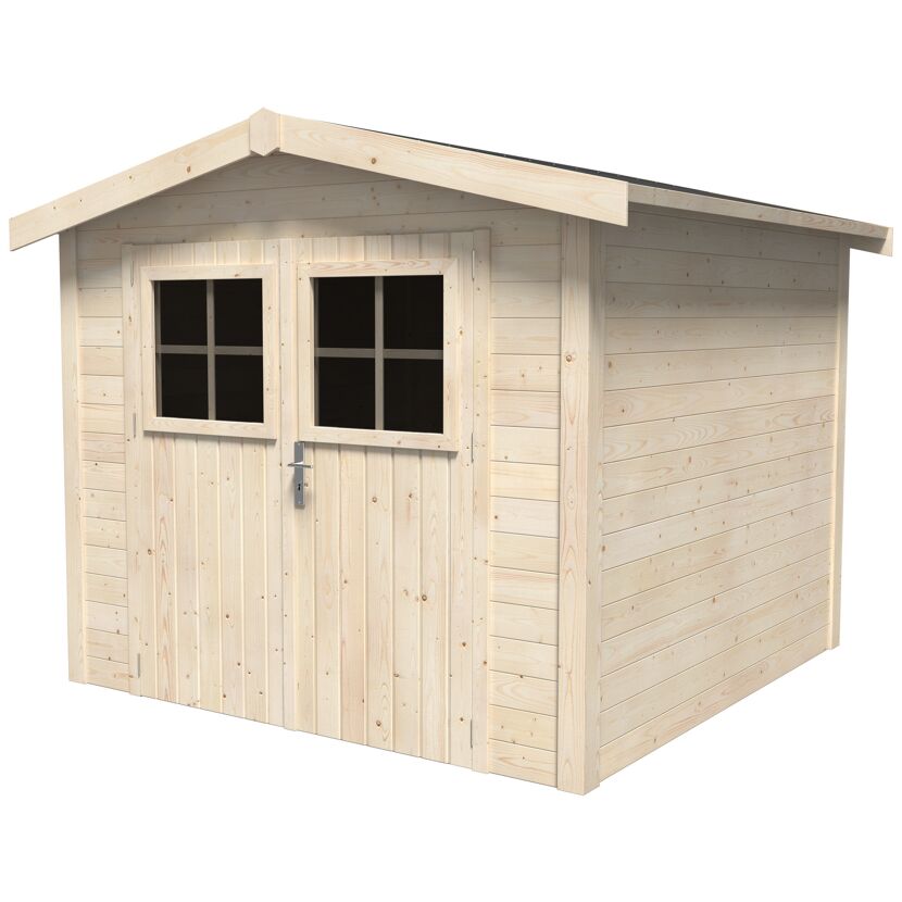 Gartenhaus aus hellem Holz mit Fenster und Tür