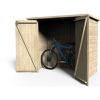 Fahrrad in einem geöffneten Holzfahrrad-Schuppen