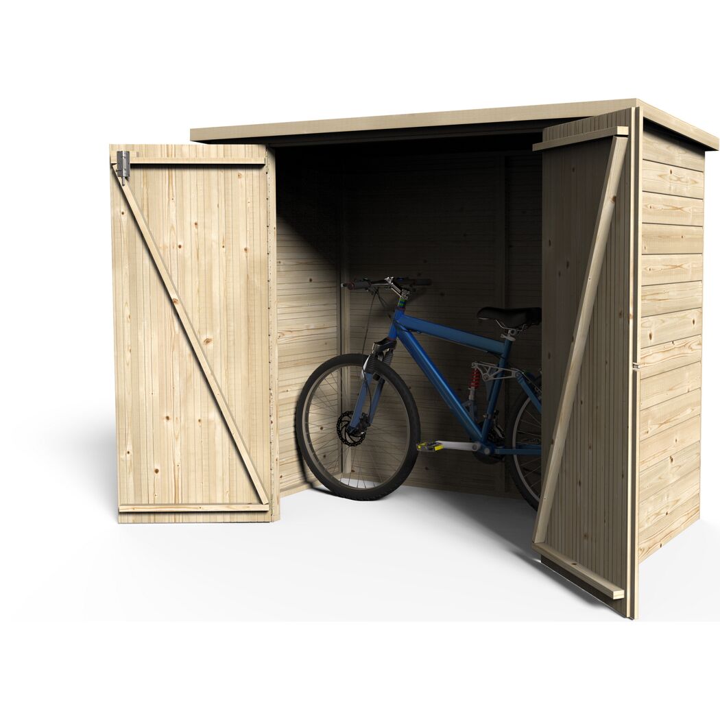 Fahrrad in einem geöffneten Holzfahrrad-Schuppen