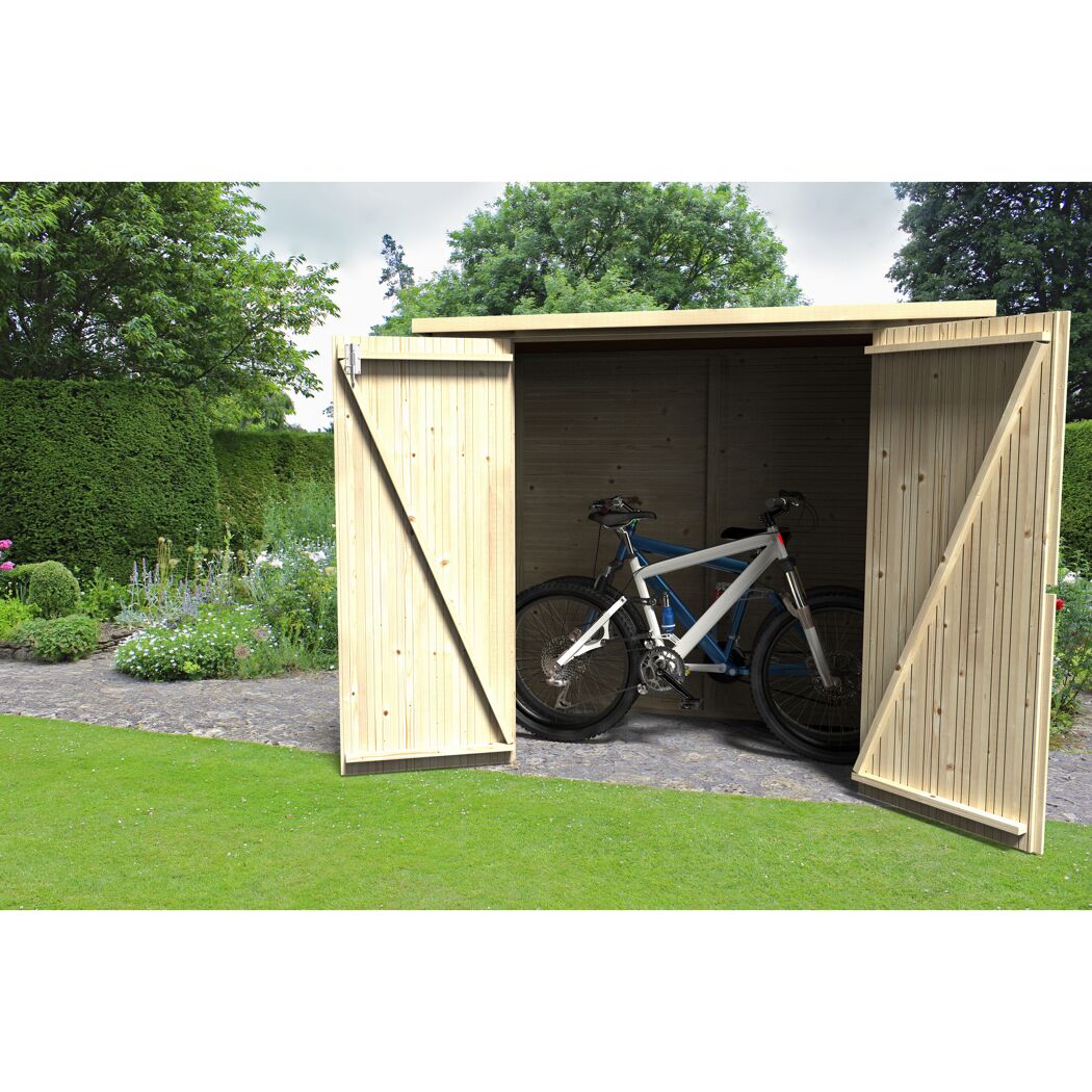 Fahrrad in einem Gartenhaus aus Holz