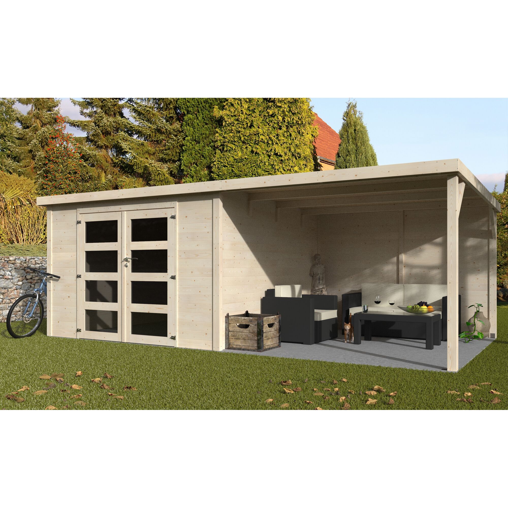 Gartenhaus Delices mit Lounge-Möbeln und Katze