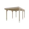 Beigefarbener Carport aus Holz.