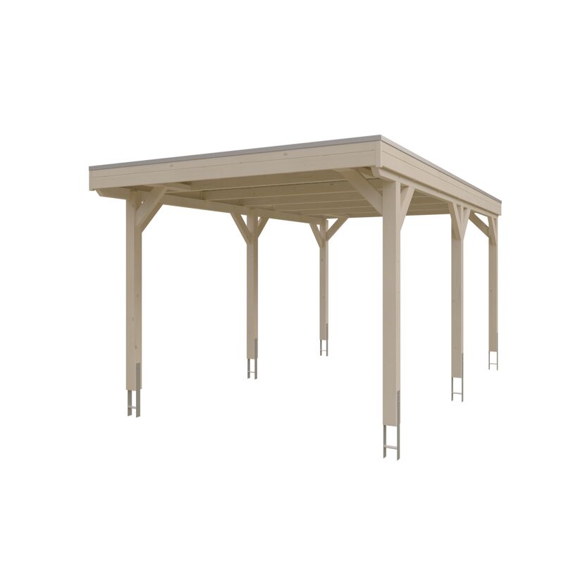 Beigefarbener Carport aus Holz.