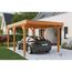 Auto steht unter einem Carport aus Holz.