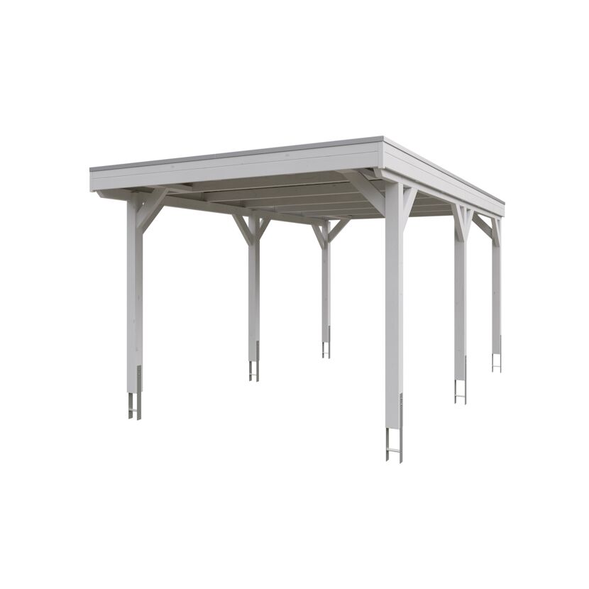 Weißer Carport aus Holz.
