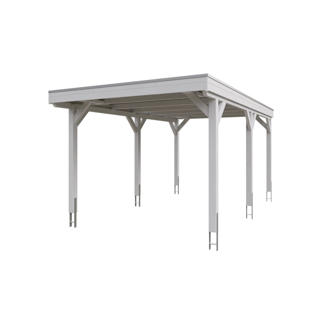 Weißer Carport aus Holz.