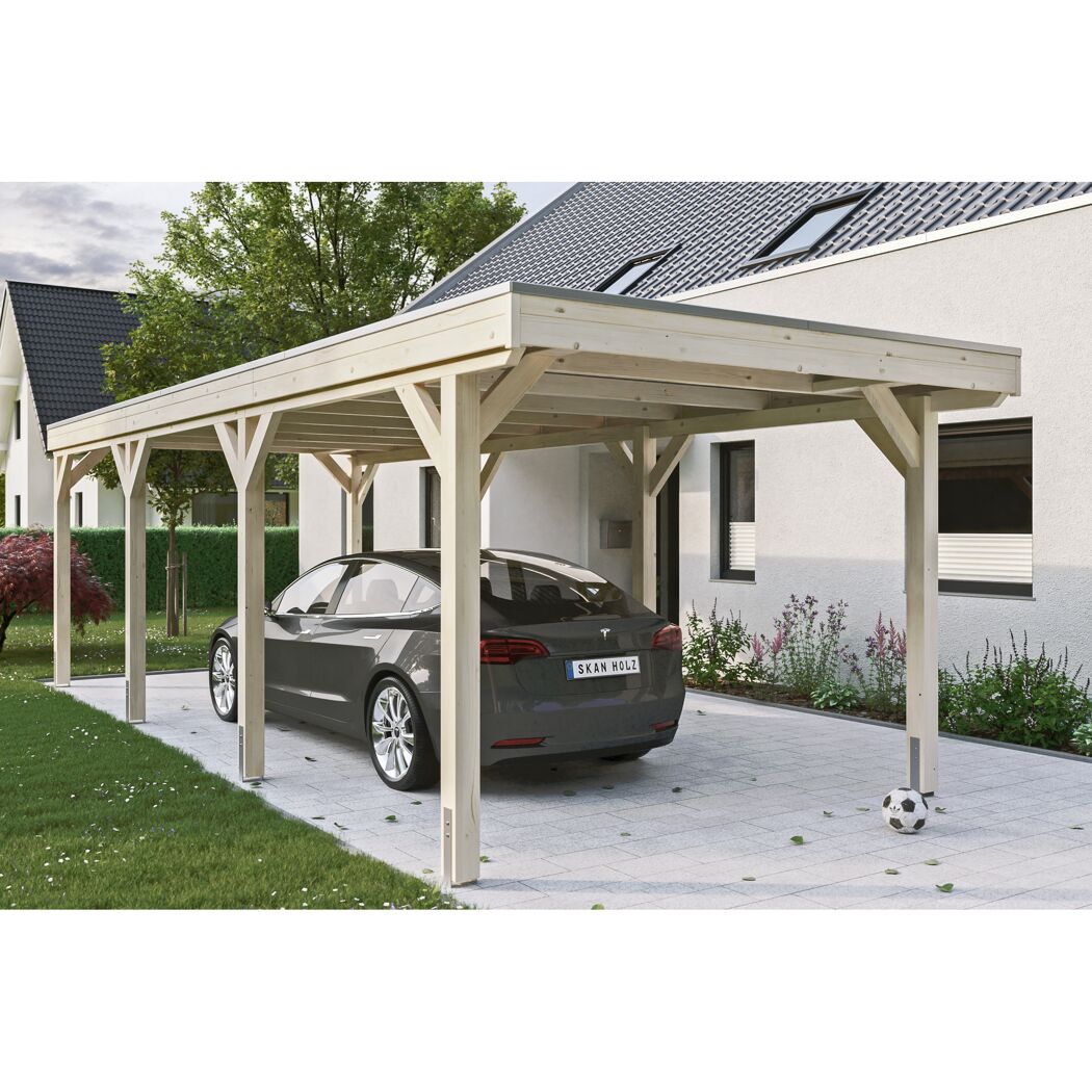 Auto unter einem Carport aus Holz.