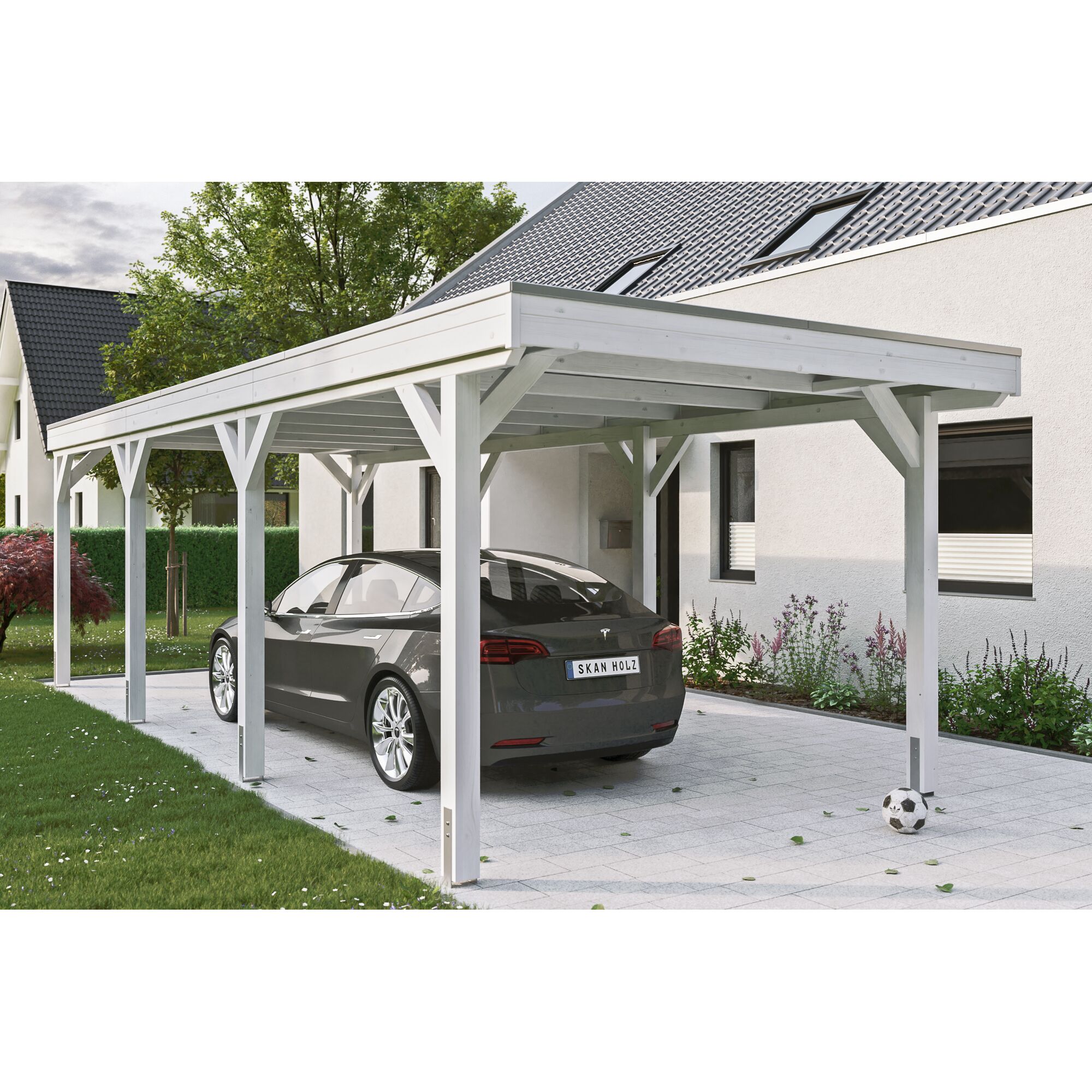 Weißer Carport aus Holz mit geparktem Auto