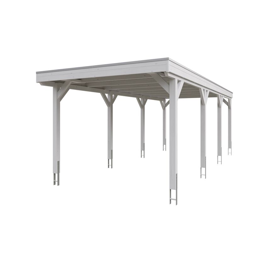 Weißer Carport aus Holz.