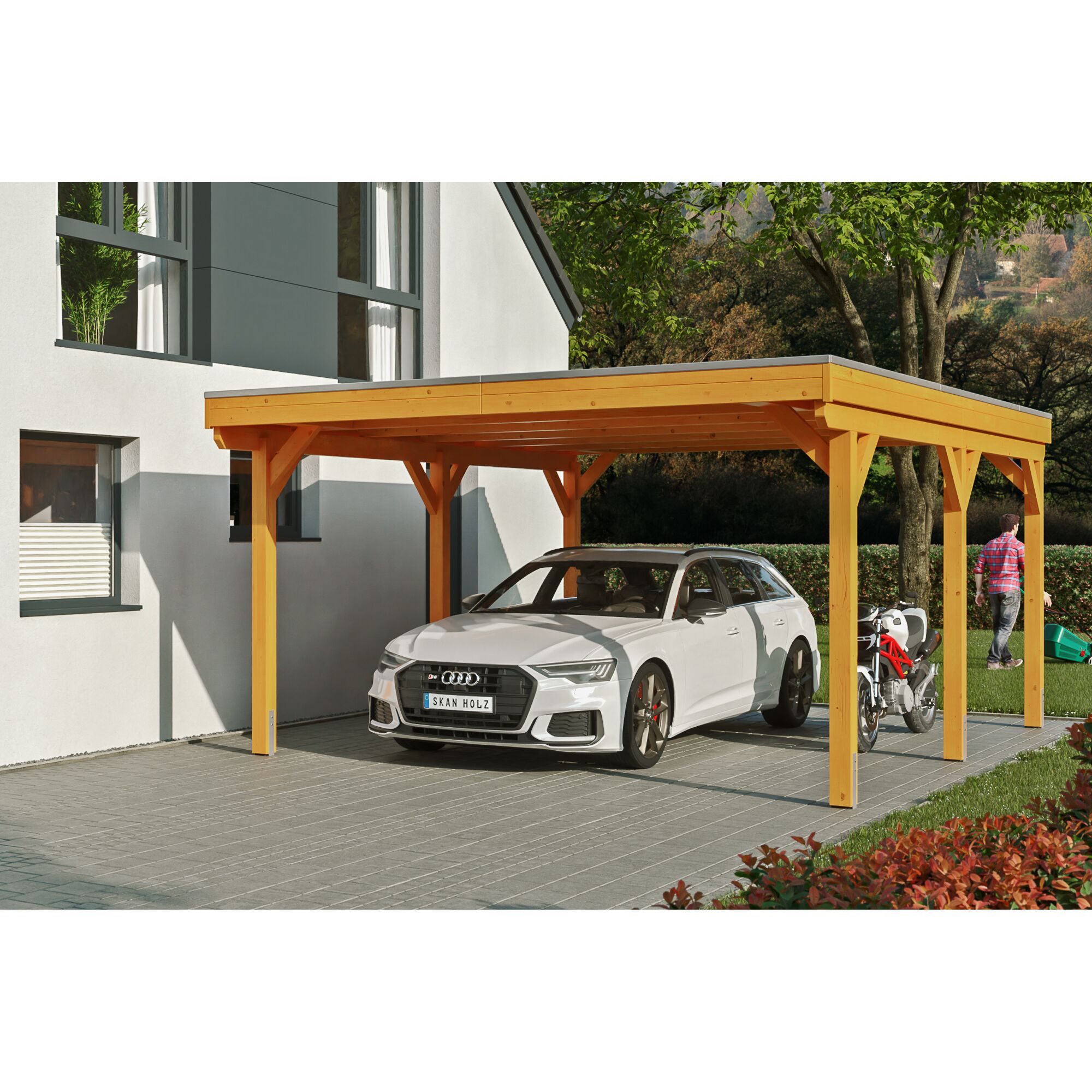 Auto und Motorrad unter einem Carport