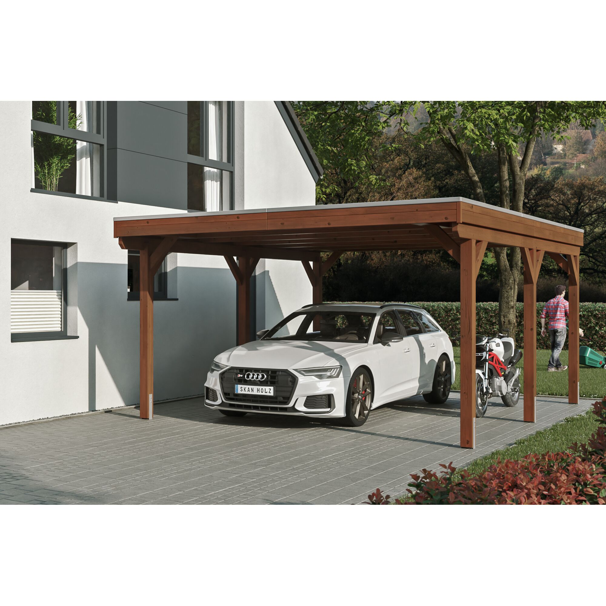 Auto und Motorrad unter einem Carport aus Holz.