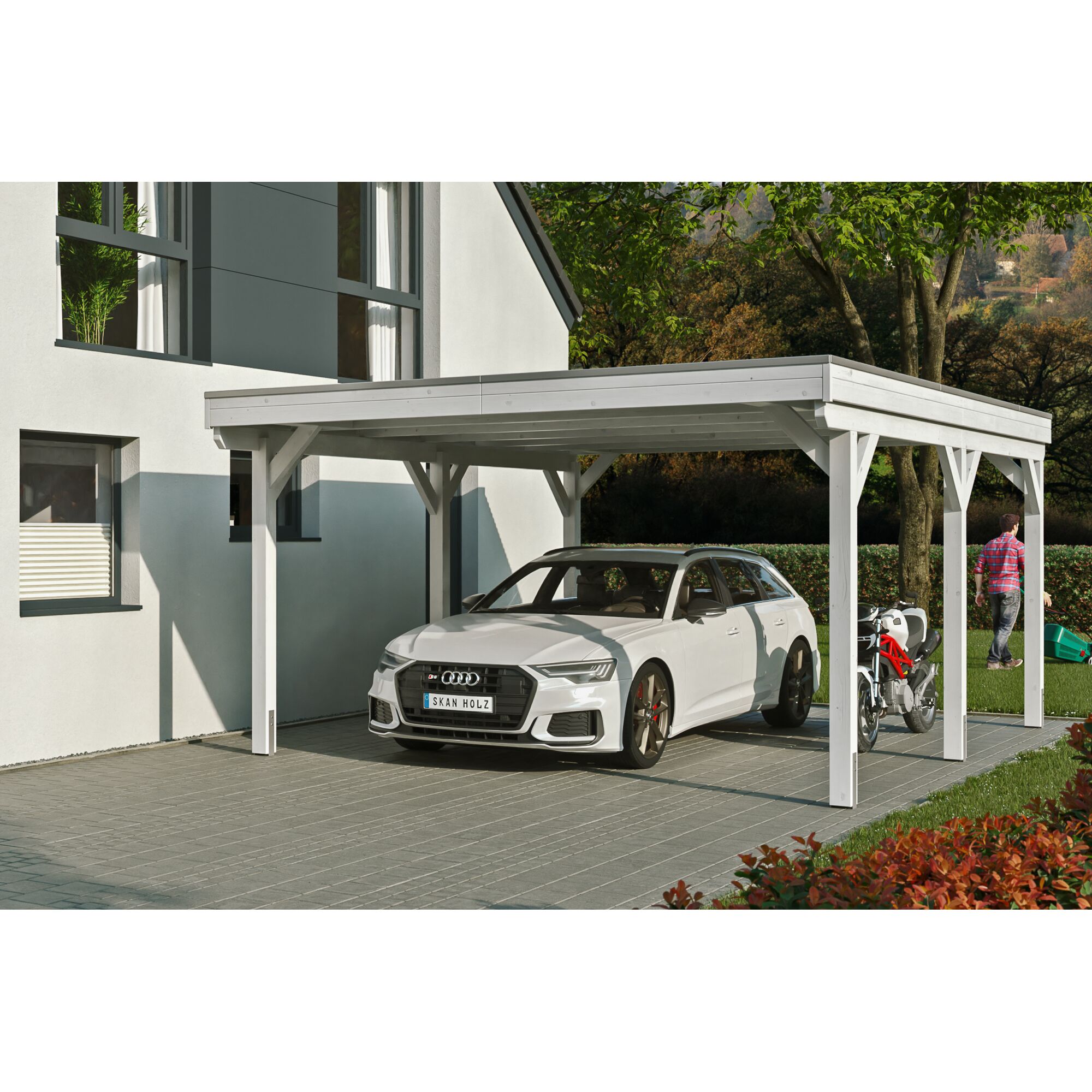 Weißer Carport aus Holz mit Auto und Motorrad