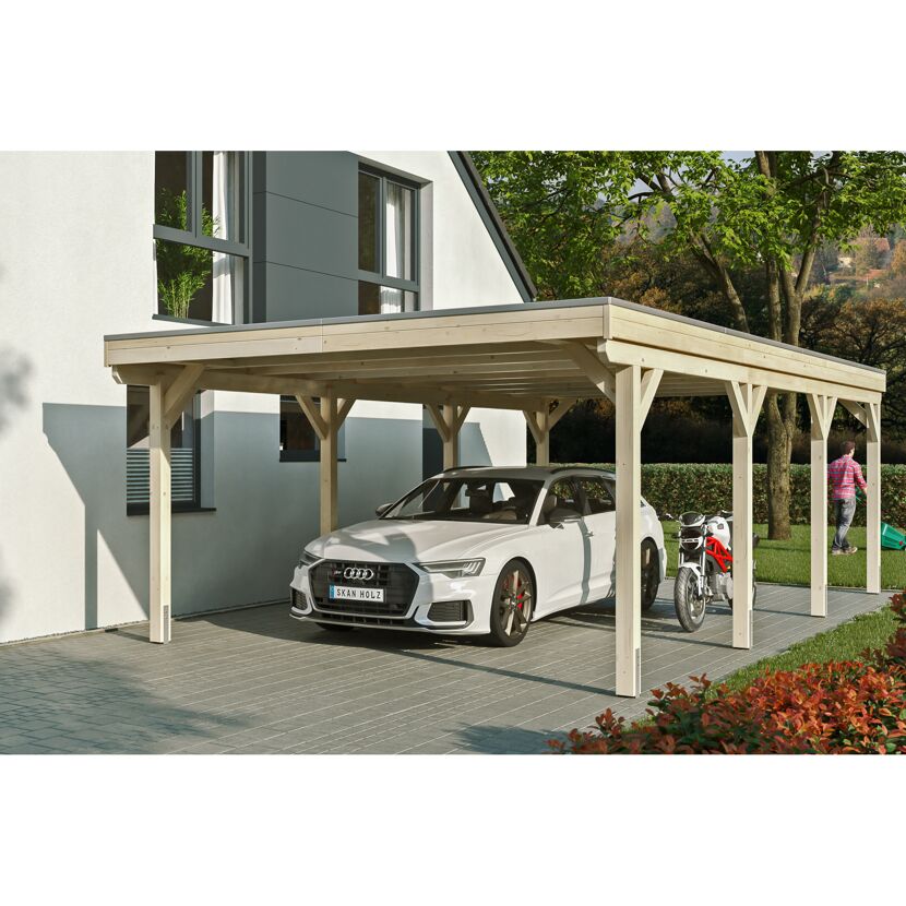 Auto und Motorrad unter einem Carport