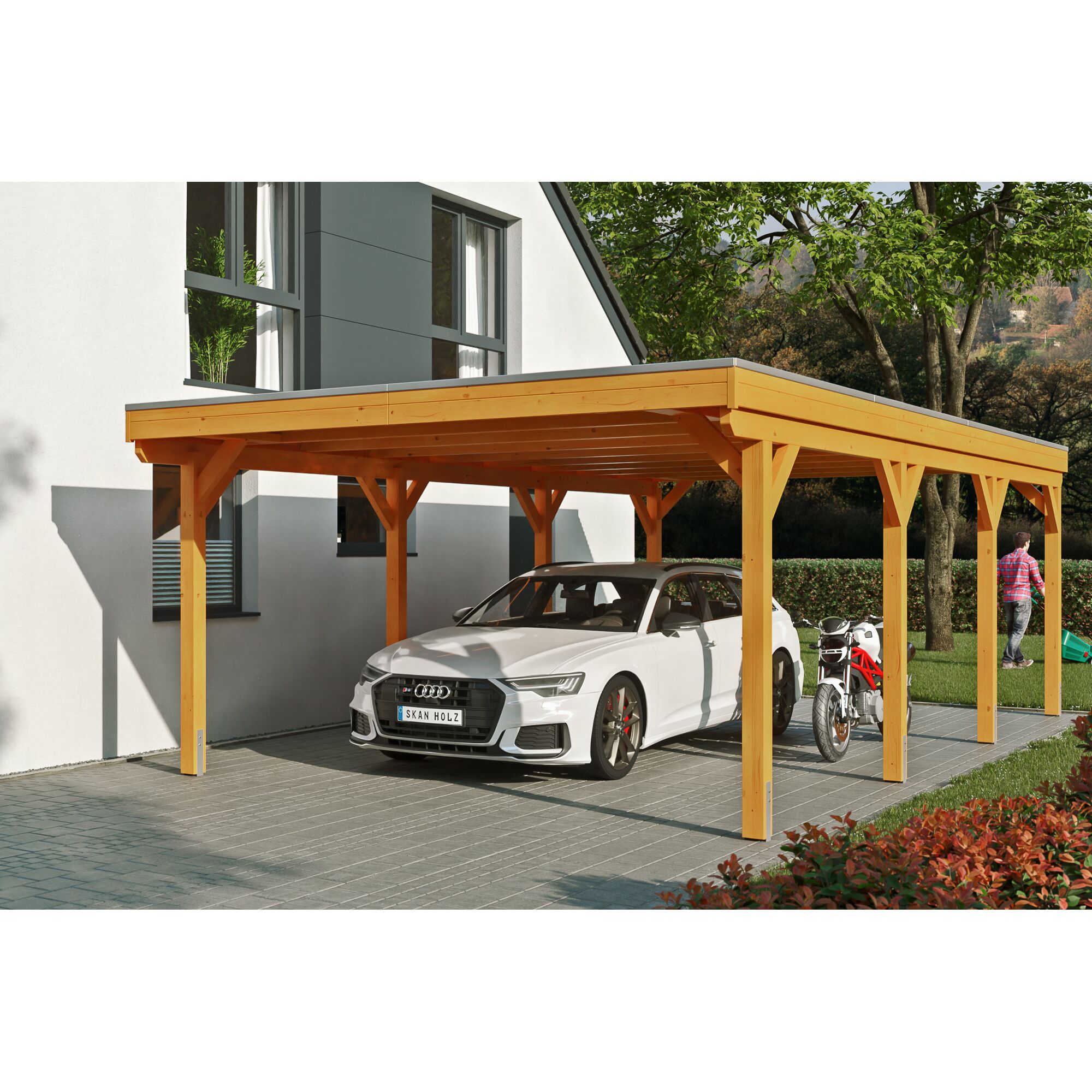 Doppelcarport aus Holz mit Auto und Motorrad