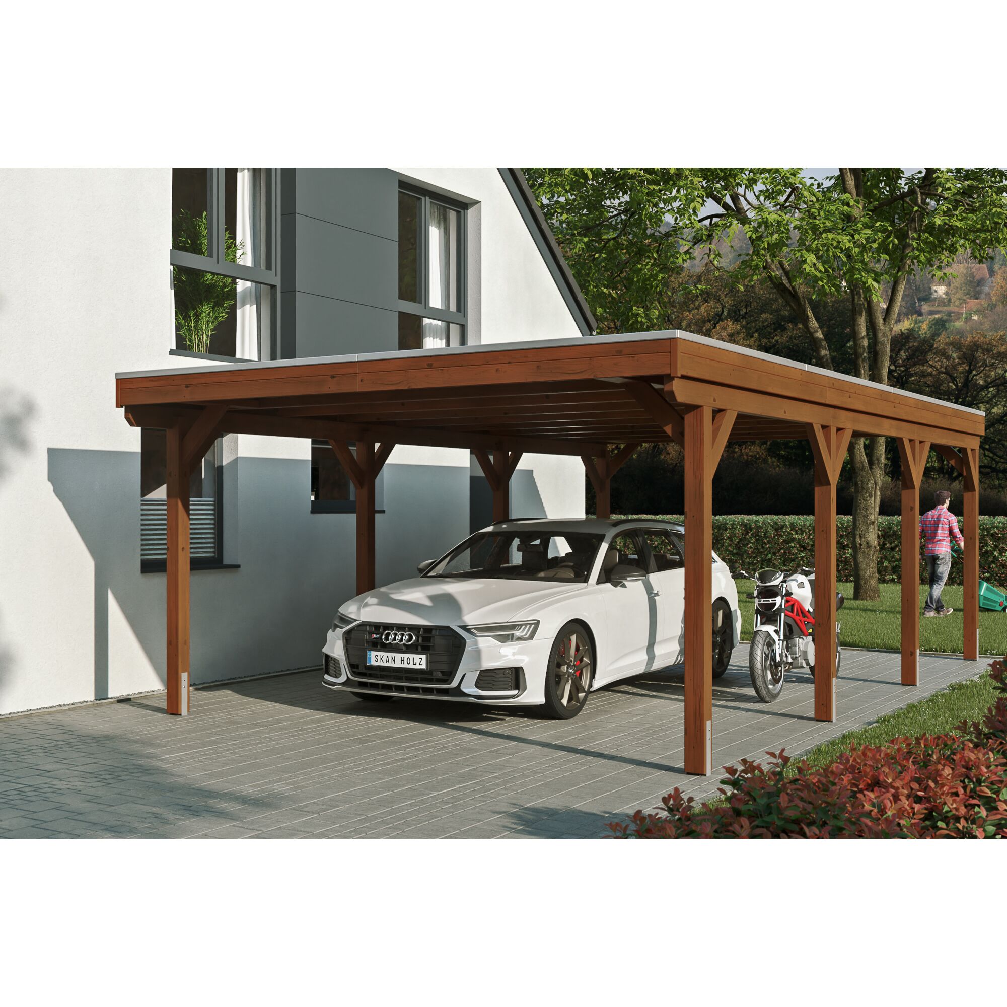 Doppelcarport aus Holz mit Auto und Motorrad