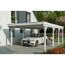 Weißer Carport aus Holz mit Auto und Motorrad