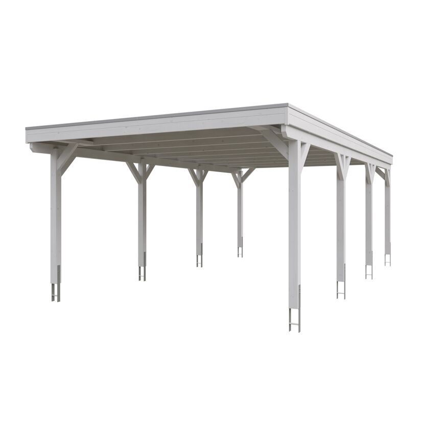 Weißer Carport aus Holz.