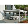 Weißer Carport mit Auto und Motorrad
