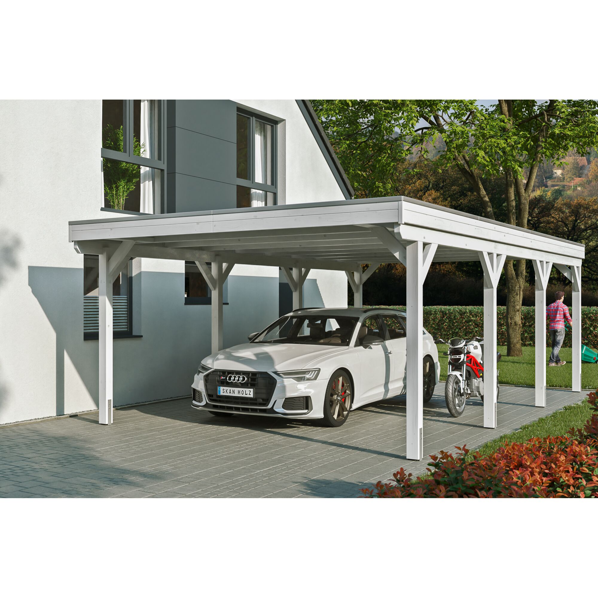 Weißer Carport mit Auto und Motorrad