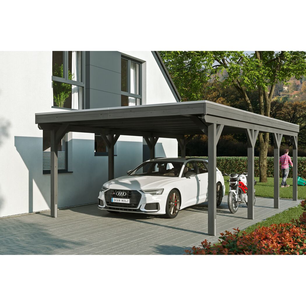 Auto und Motorrad unter einem Carport
