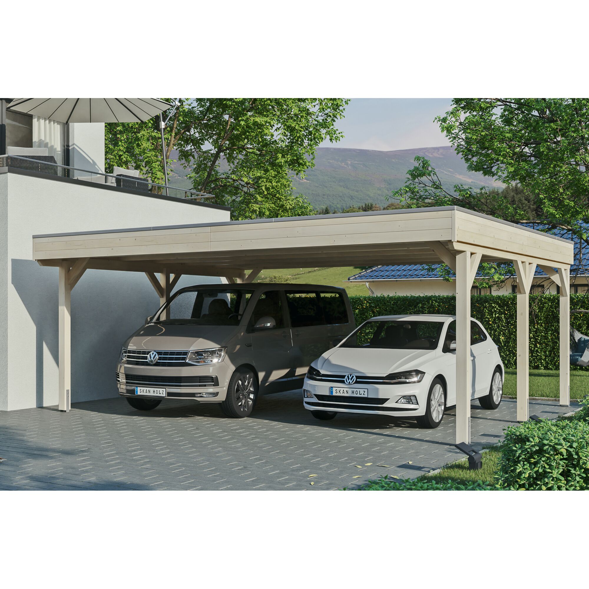Doppelcarport aus Holz mit zwei Autos