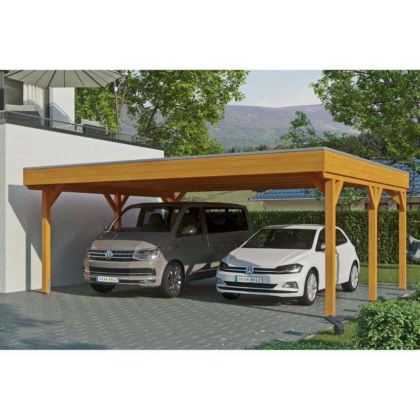 Doppelter Carport aus Holz mit zwei Autos