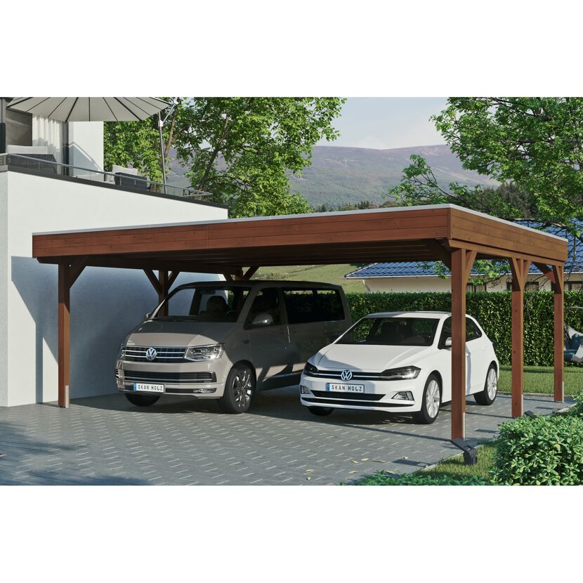 Doppelcarport aus Holz mit zwei Autos