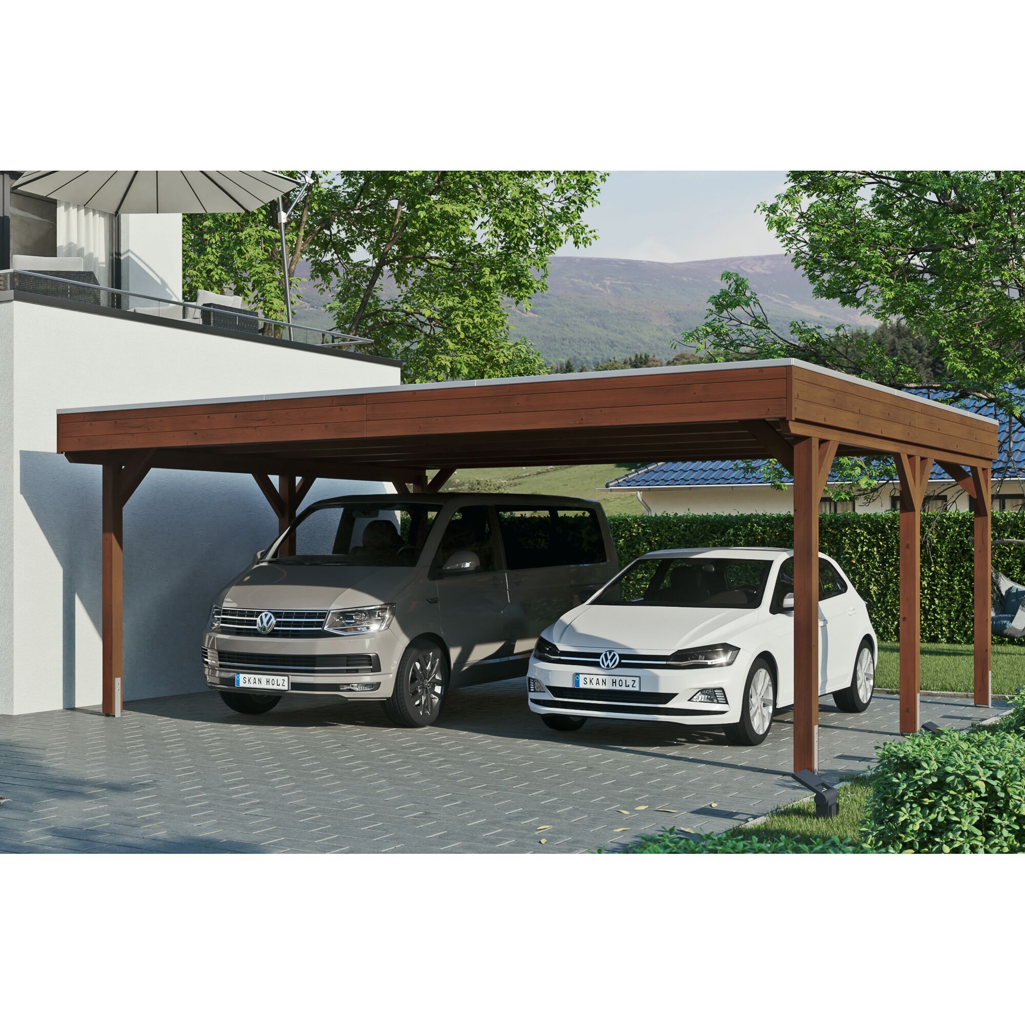 Doppelcarport aus Holz mit zwei Autos