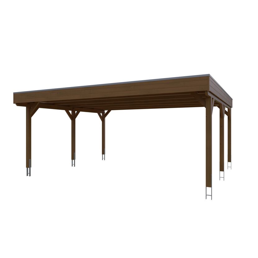 Nussbaumfarbener Carport aus Holz.