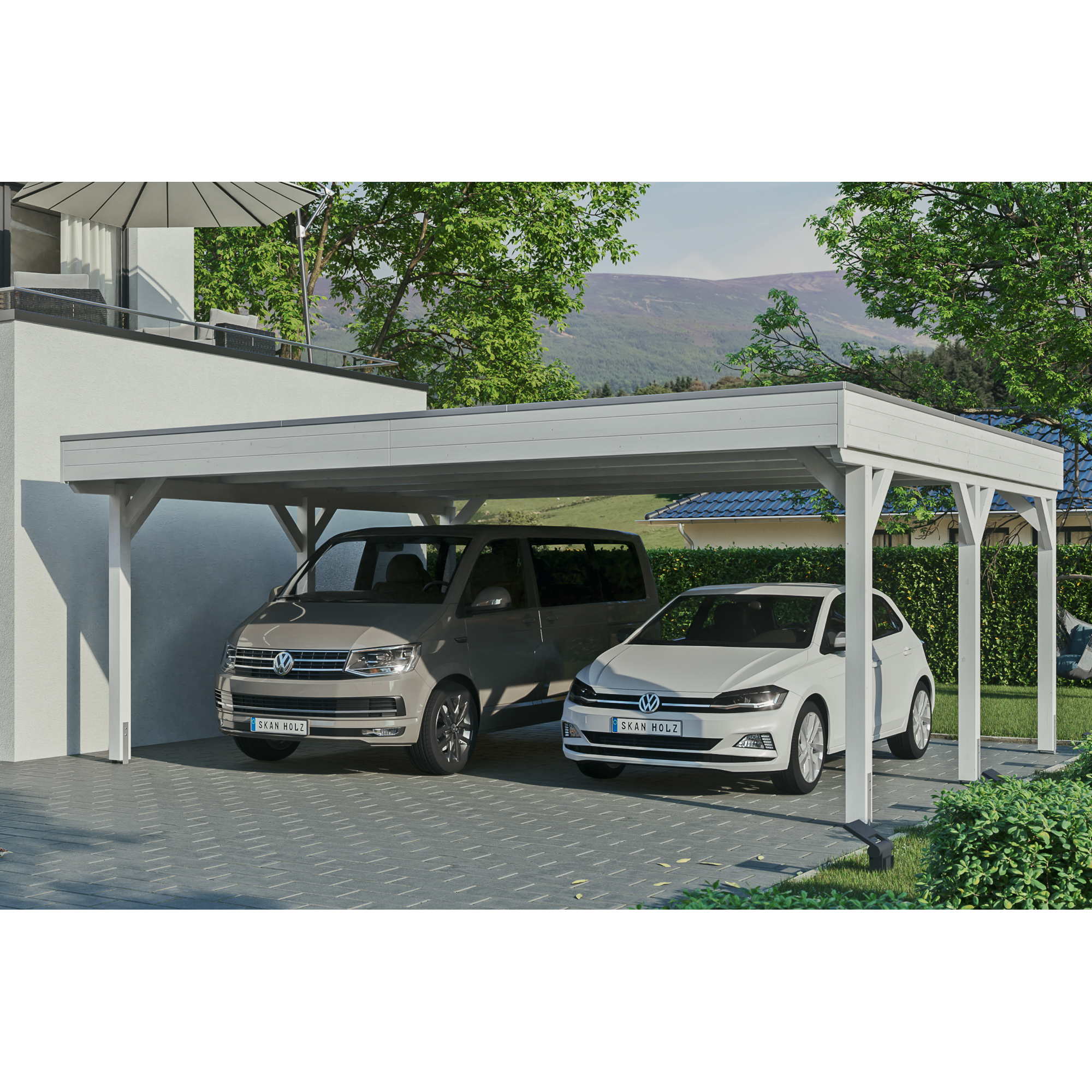 Doppelcarport 'Grunewald' 622 x 554 cm weiß mit Aluminiumdach + product picture