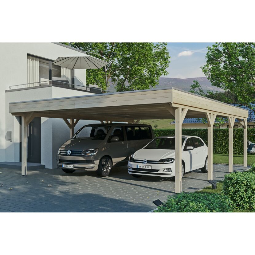Doppelcarport aus Holz mit zwei Autos