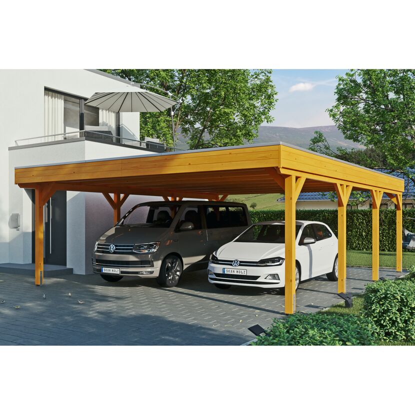 Doppelcarport aus Holz mit zwei Autos