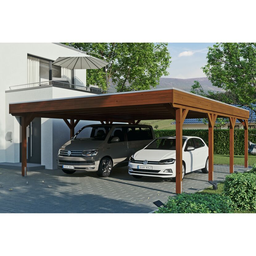Zwei Autos unter einem Holzdach-Carport.