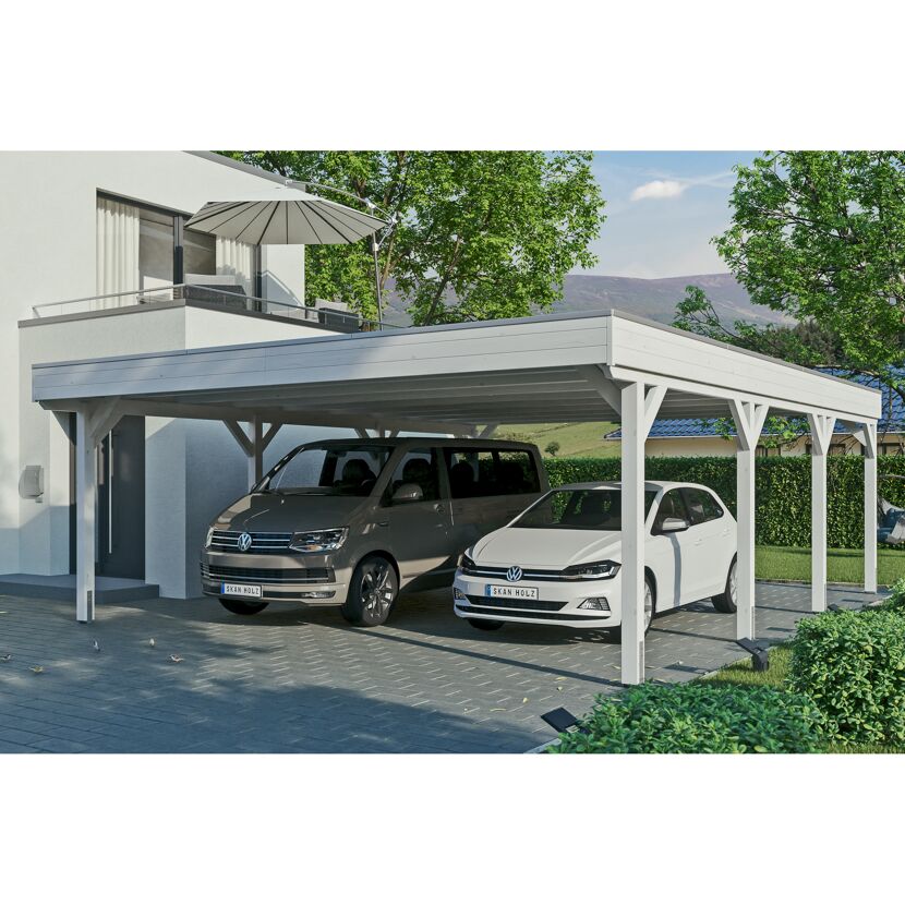 Zwei Autos unter einem weißen Carport