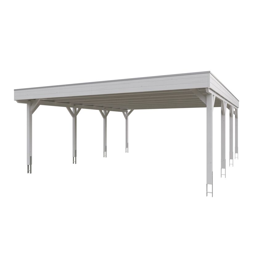 Weißer Carport aus Holz.