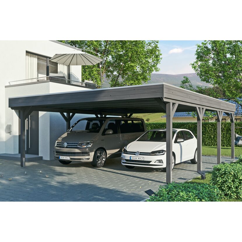 Doppelcarport aus Holz, grau, zwei Autos darunter geparkt