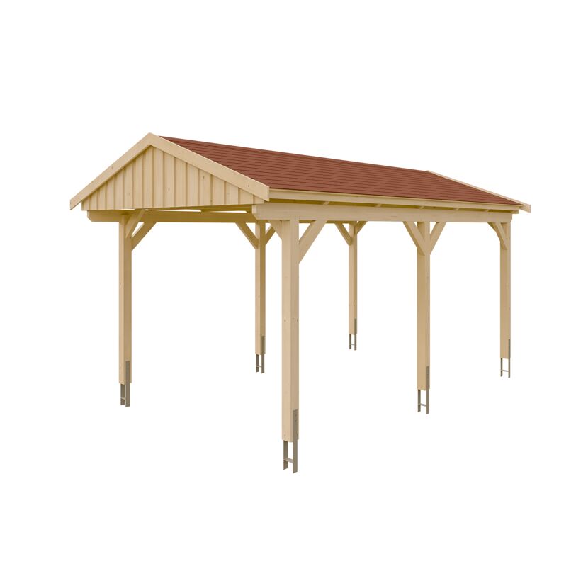 Holzcarport mit rotem Dach