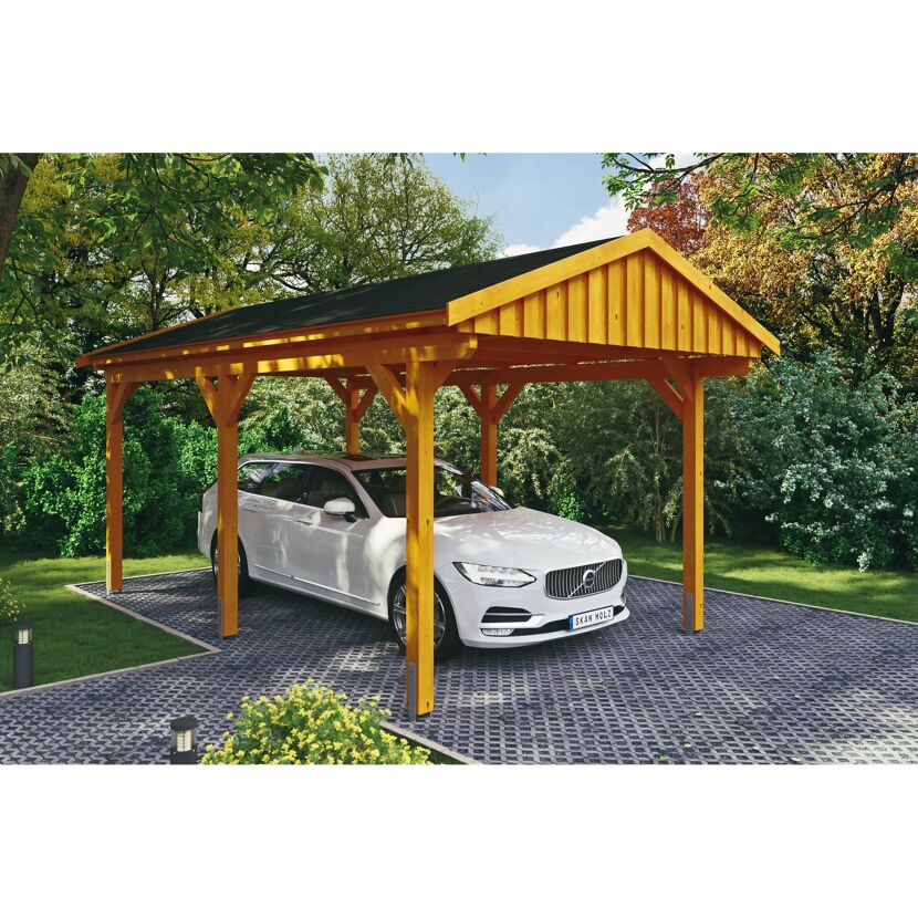 Auto steht unter einem Carport aus Holz.